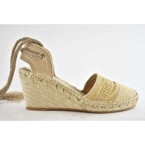 Christian Dior Granville 62K Gold Logo Lace Up Tie Espadrille Mule Heel Wedge 40 - Picture 2 of 11